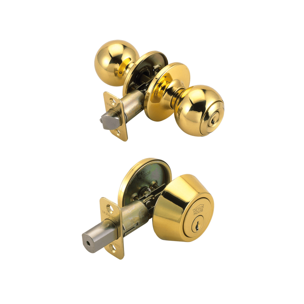 Design House 782615 Pro 2-Way Adjustable Ball Entry Knob and Deadbolt Combo Polished  Brass Key on Exterior & Interior Turn-Button